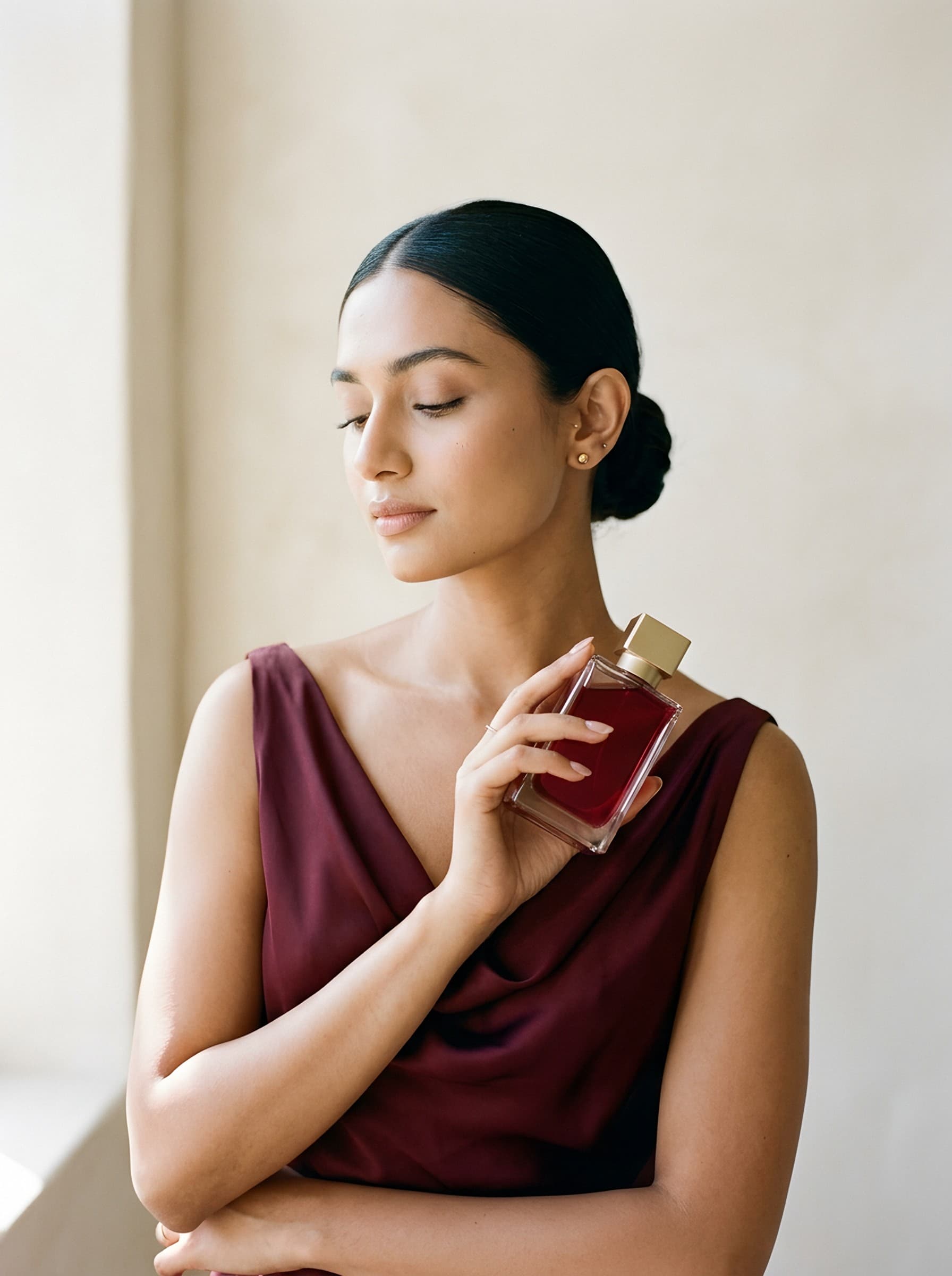 Woman in maroon silk holding an Emorah bottle