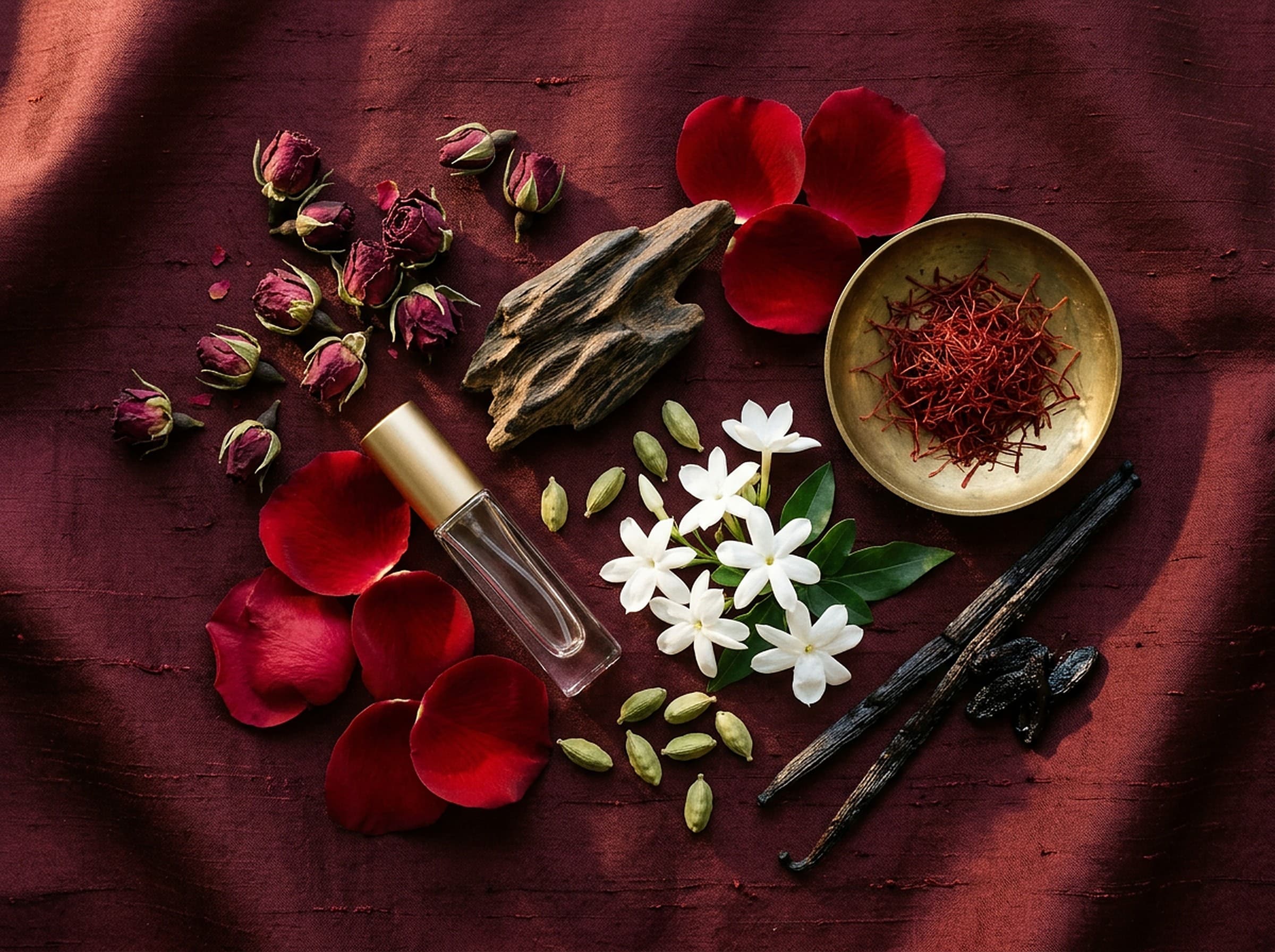 Rose petals, oud wood, saffron, jasmine and vanilla on maroon silk
